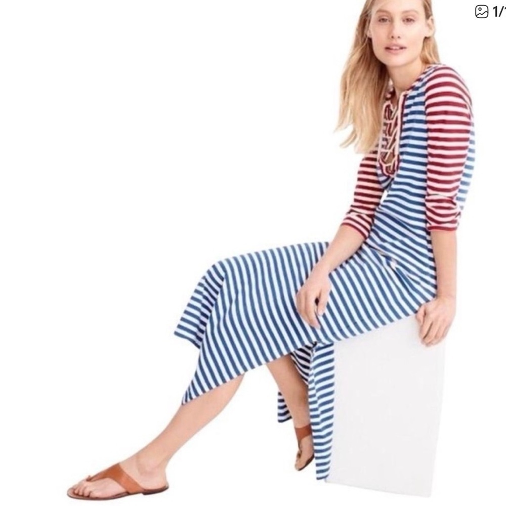 J Crew Sammie Dress Maxi Lace Up Striped‎ Nautical Red White Blue Small